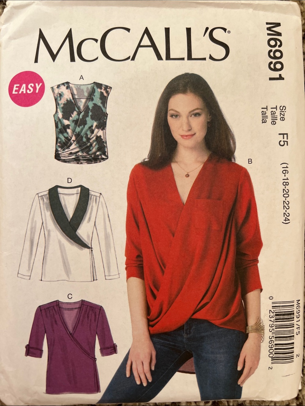 McCALL'S Pattern Women's Red Draped Wrap Blouse (New)